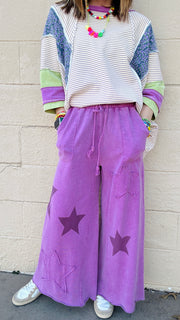 Superstar Distressed Patchwork Wide Leg Pants- Berry