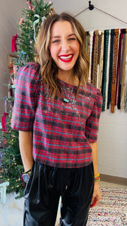 Jingle Bell Rock Sequins Plaid Top - Burgundy Mix