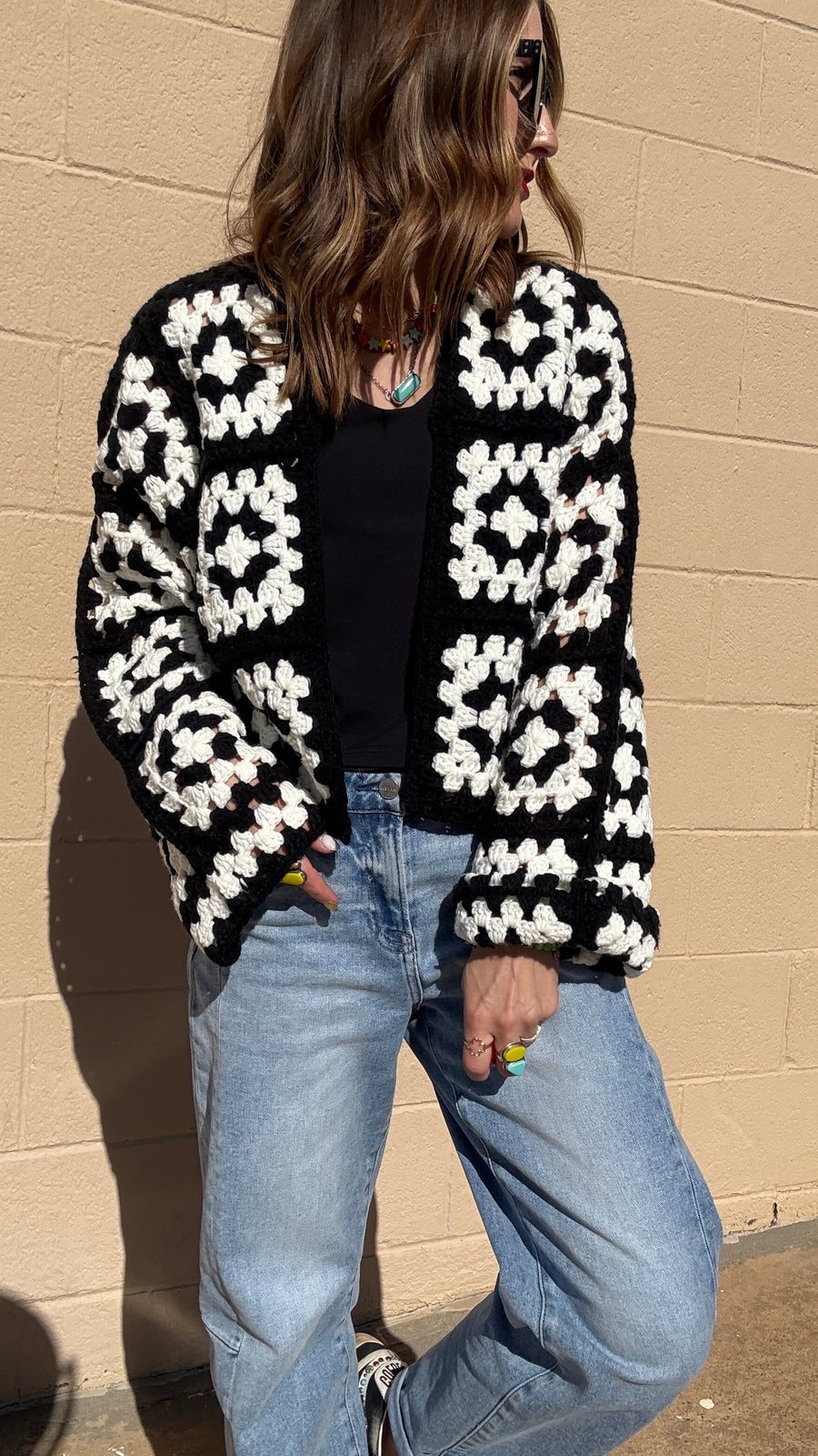 Anna Black & White Crochet Cropped Cardigan