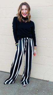 Satin Stroll Striped Wide Leg Pants- Black