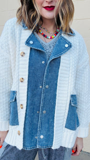 Cozy Contrast Knit Denim Accent Jacket- Cream