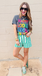 Wrenlee Waffle Knit Striped Shorts- Green & White