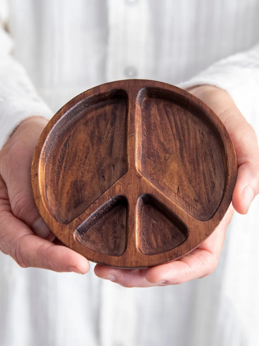 Peace Sign Carved Wood Trinket Dish