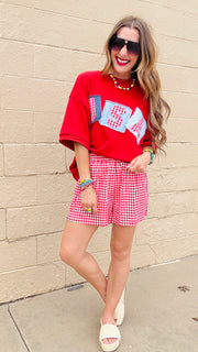 Gingham Breeze Shorts-Red & White