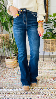 High Rise Vintage Frayed Hem Flare Jeans- Dark Wash