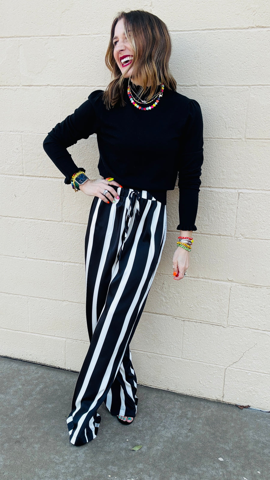 Satin Stroll Striped Wide Leg Pants- Black