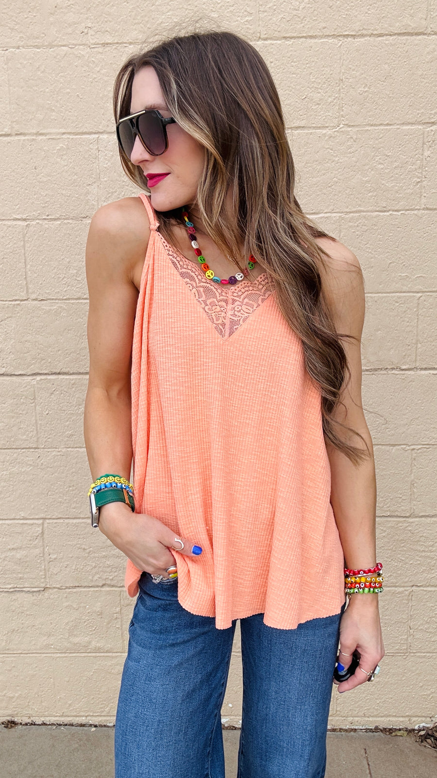 Lace Inset Dream Tank - Coral Orange