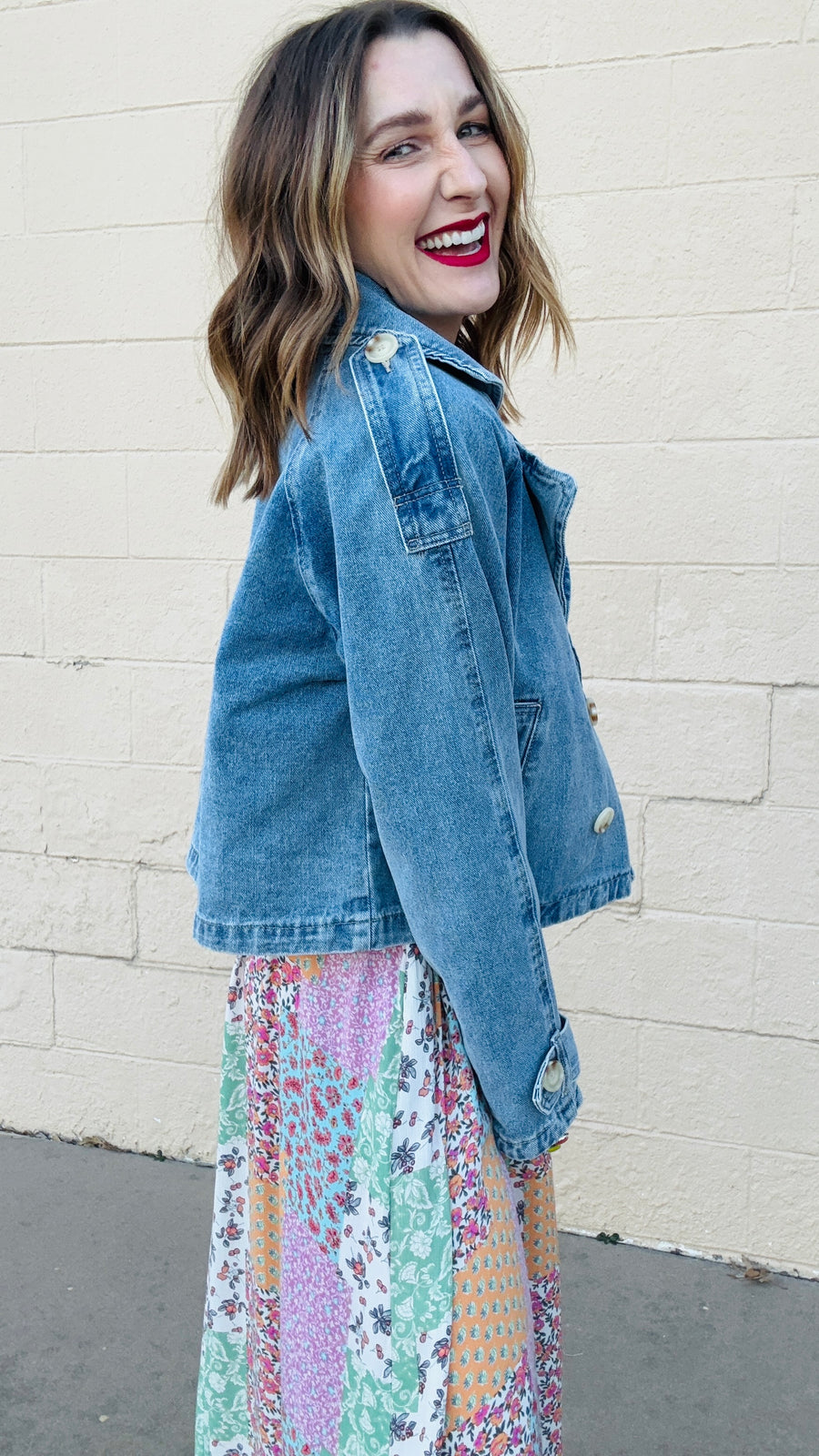 Double Breasted Cropped Denim Jacket- Light Wash