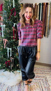 Jingle Bell Rock Sequins Plaid Top - Burgundy Mix