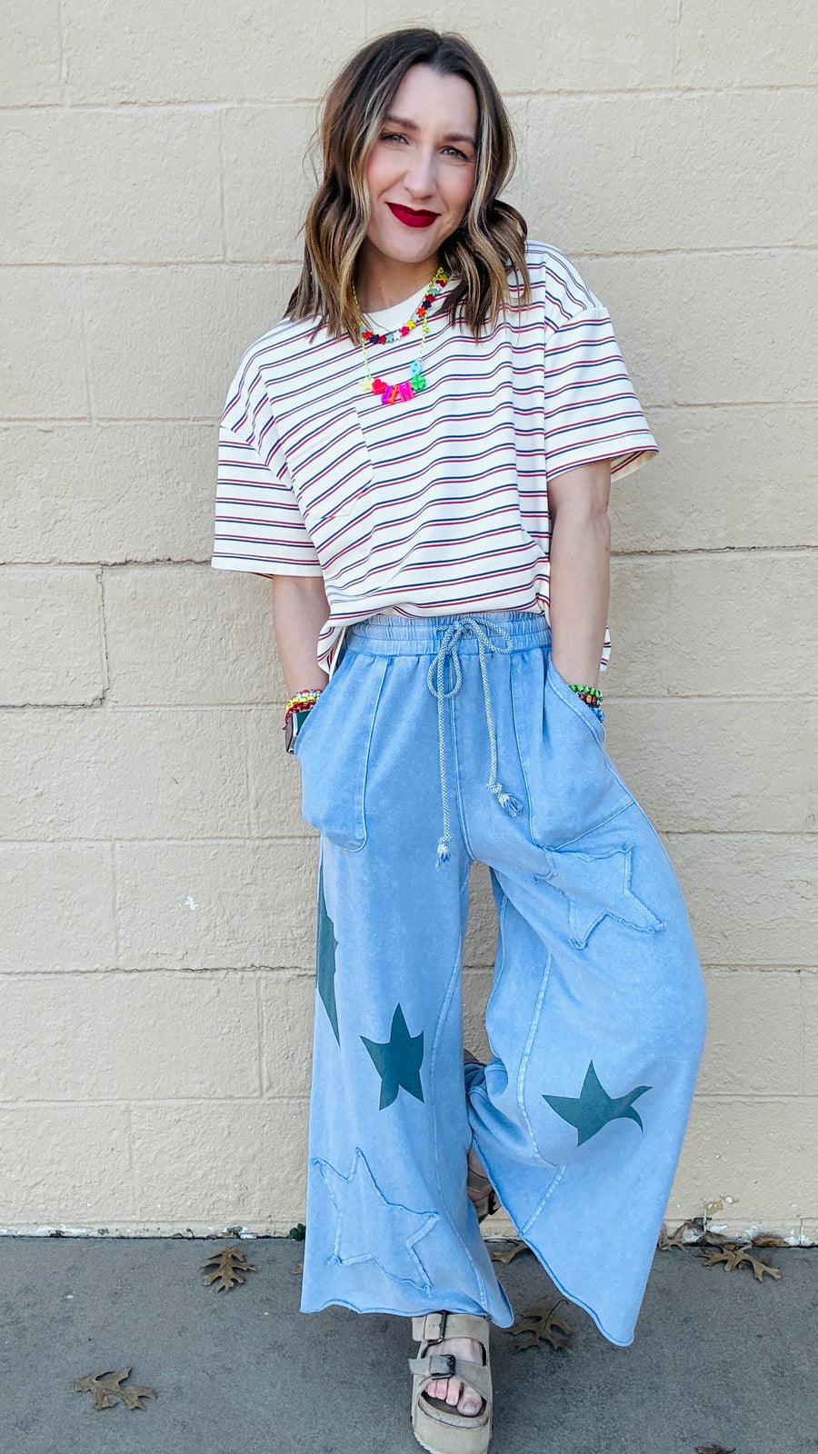 Superstar Distressed Patchwork Wide Leg Pants- Washed Denim