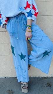 Superstar Distressed Patchwork Wide Leg Pants- Washed Denim