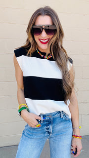 Avery Color Block Knit Cap Sleeve Top- Black