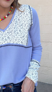 Janey Waffle Knit Floral Detail Top- Evening Blue