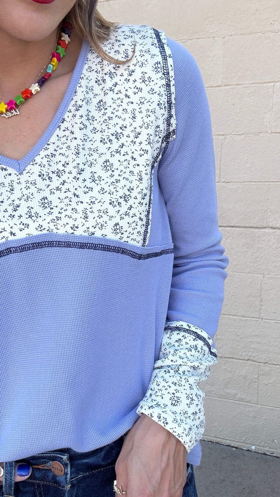Janey Waffle Knit Floral Detail Top- Evening Blue