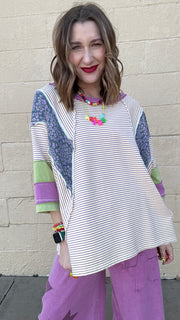 Floral & Stripe Color-Block 3/4 Sleeve Top