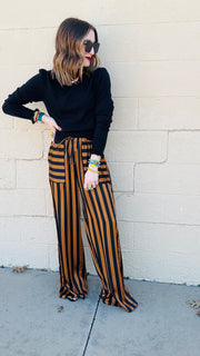 Black & Camel Striped Satin Pants