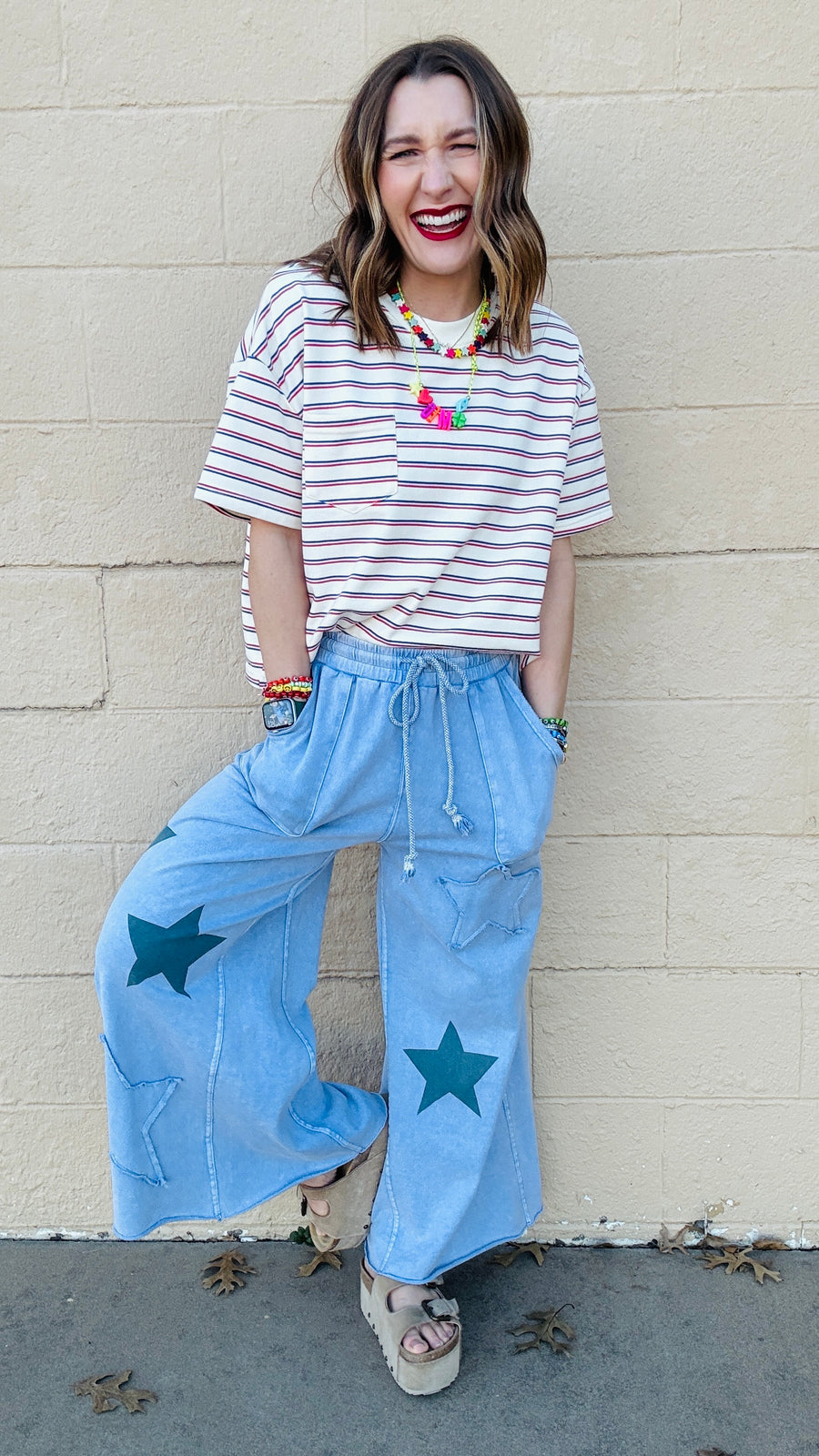 Superstar Distressed Patchwork Wide Leg Pants- Washed Denim