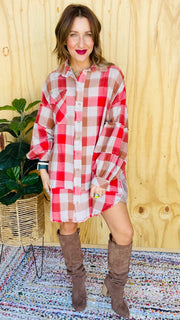 Hayride Honey Plaid Oversized Flannel Dress- Red or Brown Mix