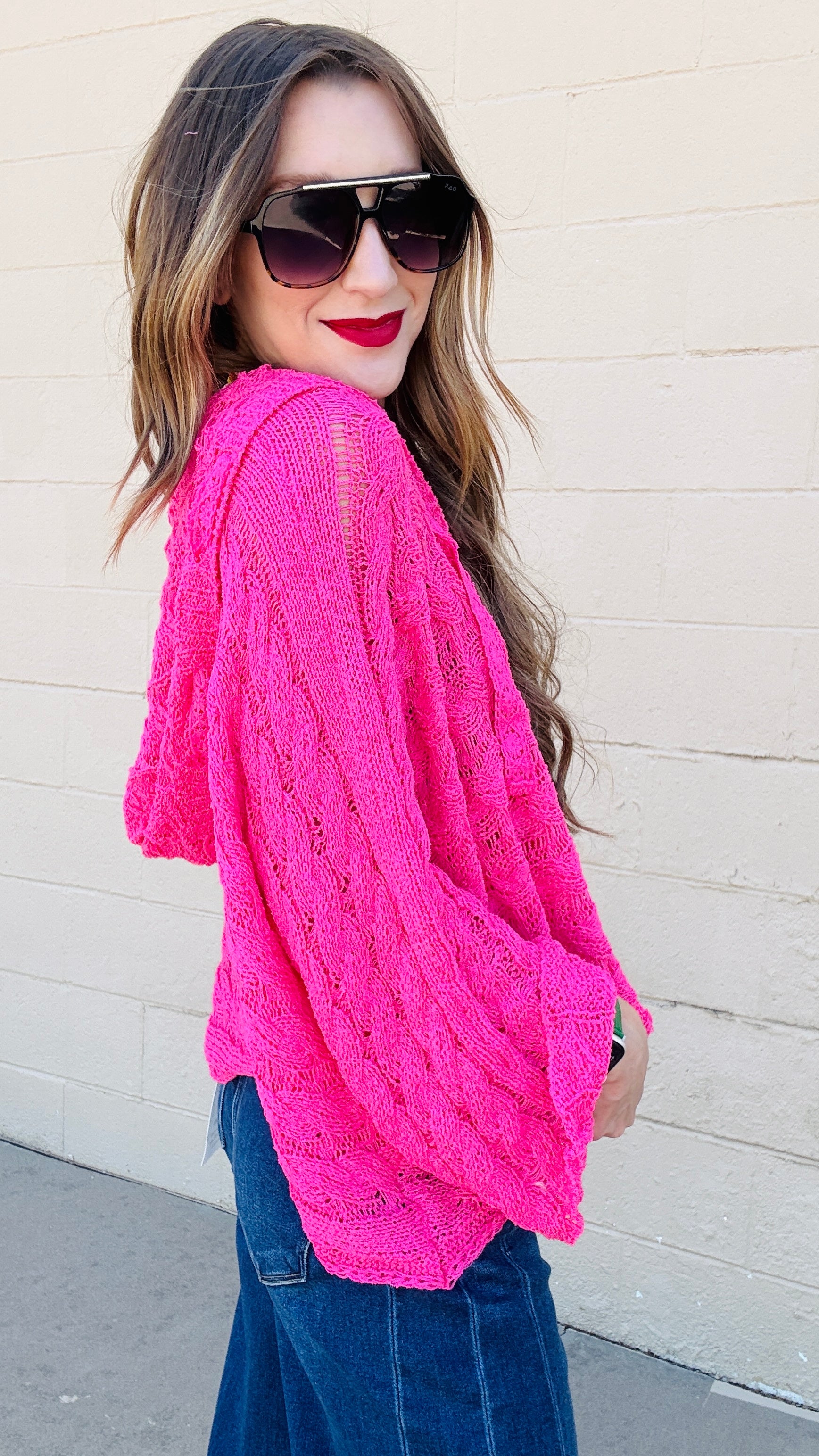 Breezy Bliss Cropped Knit Hoodie-Hot Pink
