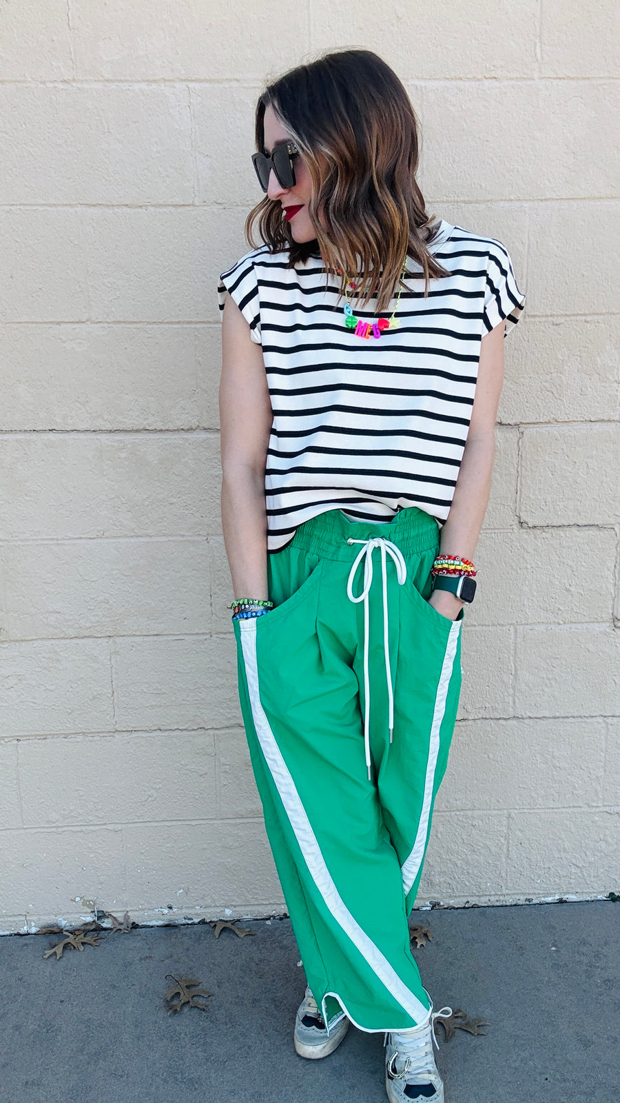 Stride and Style Windbreaker Pants- Green & White