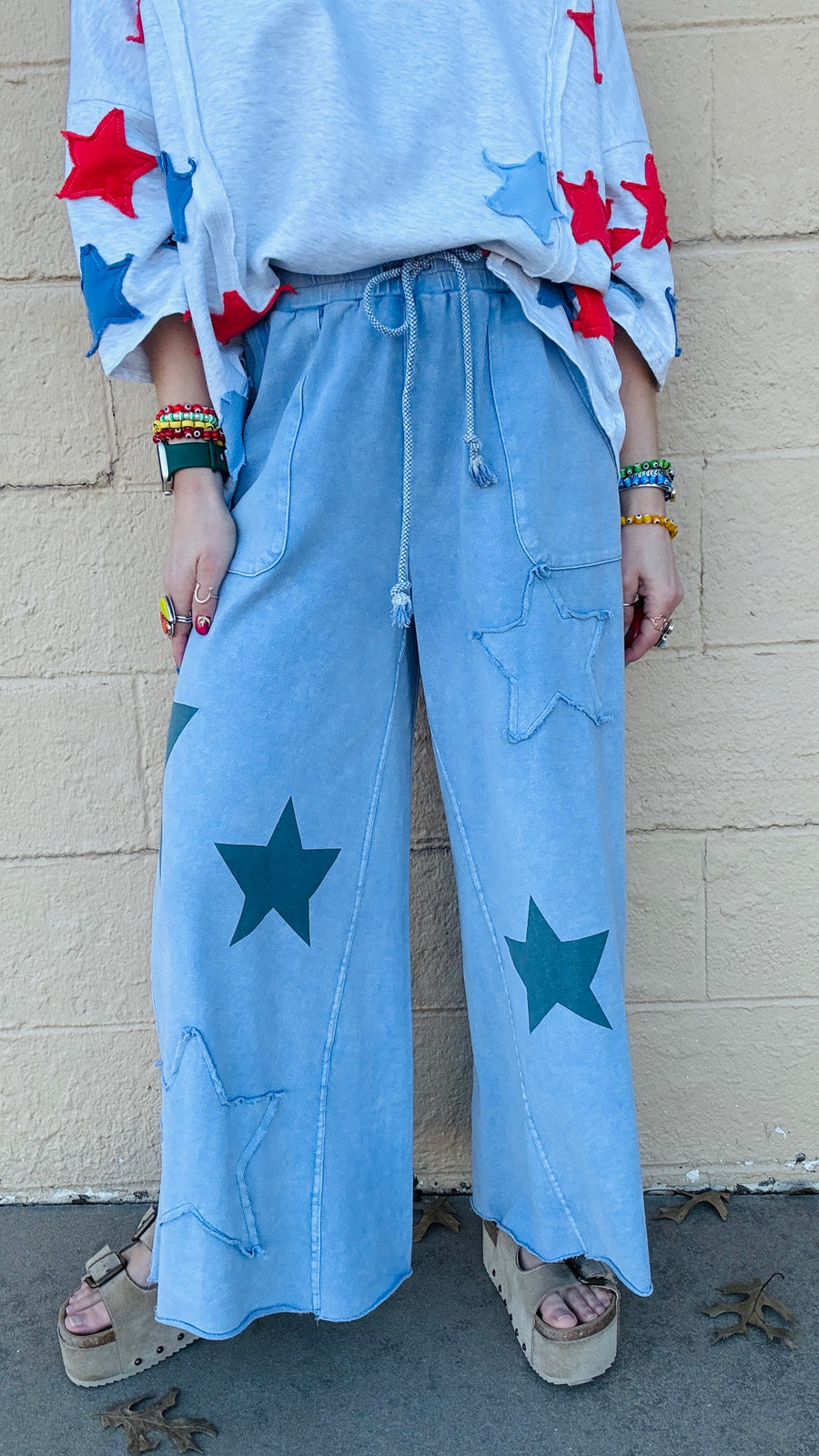 Superstar Distressed Patchwork Wide Leg Pants- Washed Denim