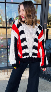 Tyra Chunky Knit Striped Sweater- Red & Black