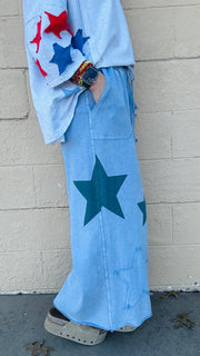 Superstar Distressed Patchwork Wide Leg Pants- Washed Denim