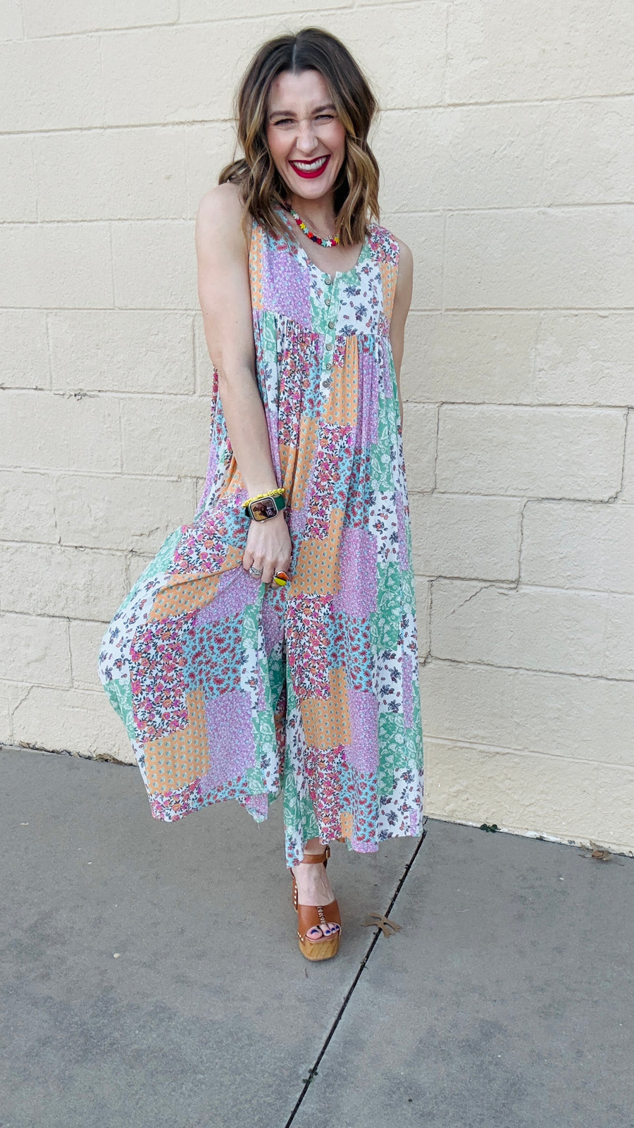 Rhiannon Flowy Boho Patchwork Jumpsuit- Sage & Coral Mix