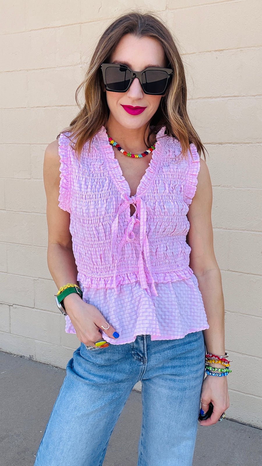 Zoie Smocked Bust Tie Neck Blouse- Pink