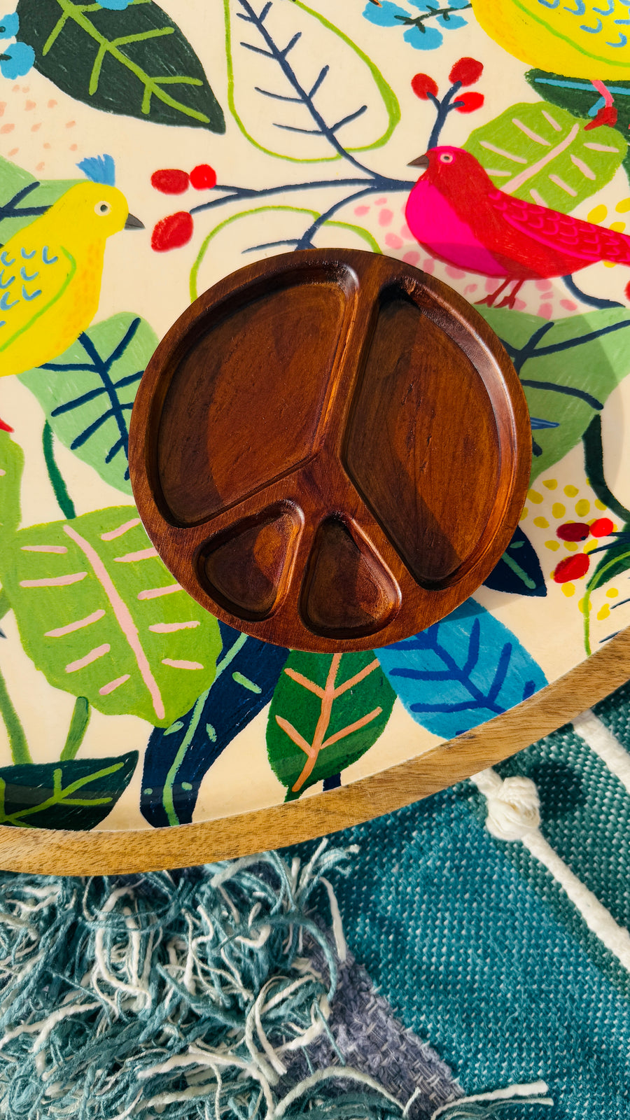 Peace Sign Carved Wood Trinket Dish