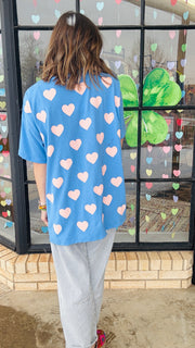 Gimmie Love Heart Stamped Oversized Tee- Blue