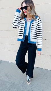 Denim and Striped Mixed Material Jacket