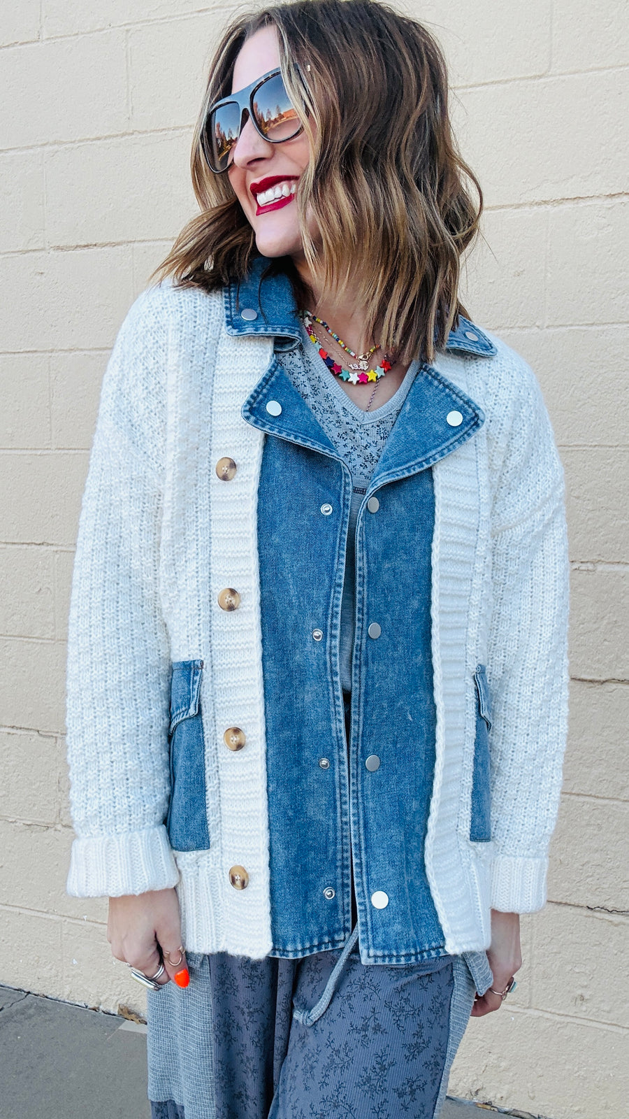 Cozy Contrast Knit Denim Accent Jacket- Cream