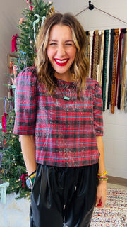 Jingle Bell Rock Sequins Plaid Top - Burgundy Mix