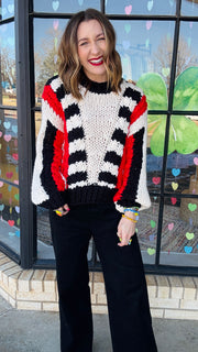 Tyra Chunky Knit Striped Sweater- Red & Black