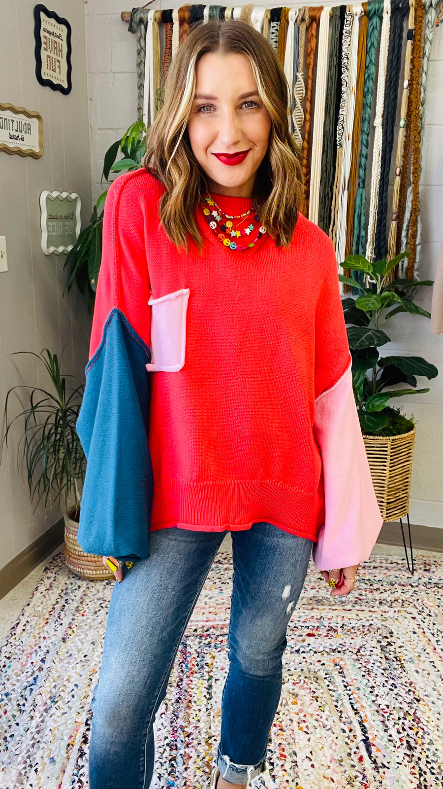 Harley Colorblock Knit Sweater- Coral Red Multi