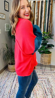 Harley Colorblock Knit Sweater- Coral Red Multi