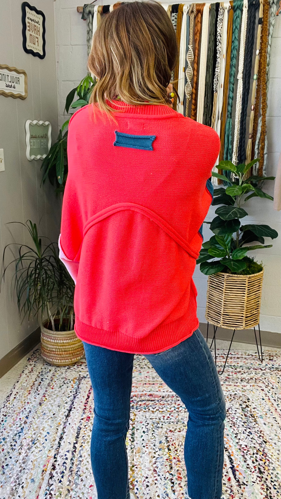 Harley Colorblock Knit Sweater- Coral Red Multi