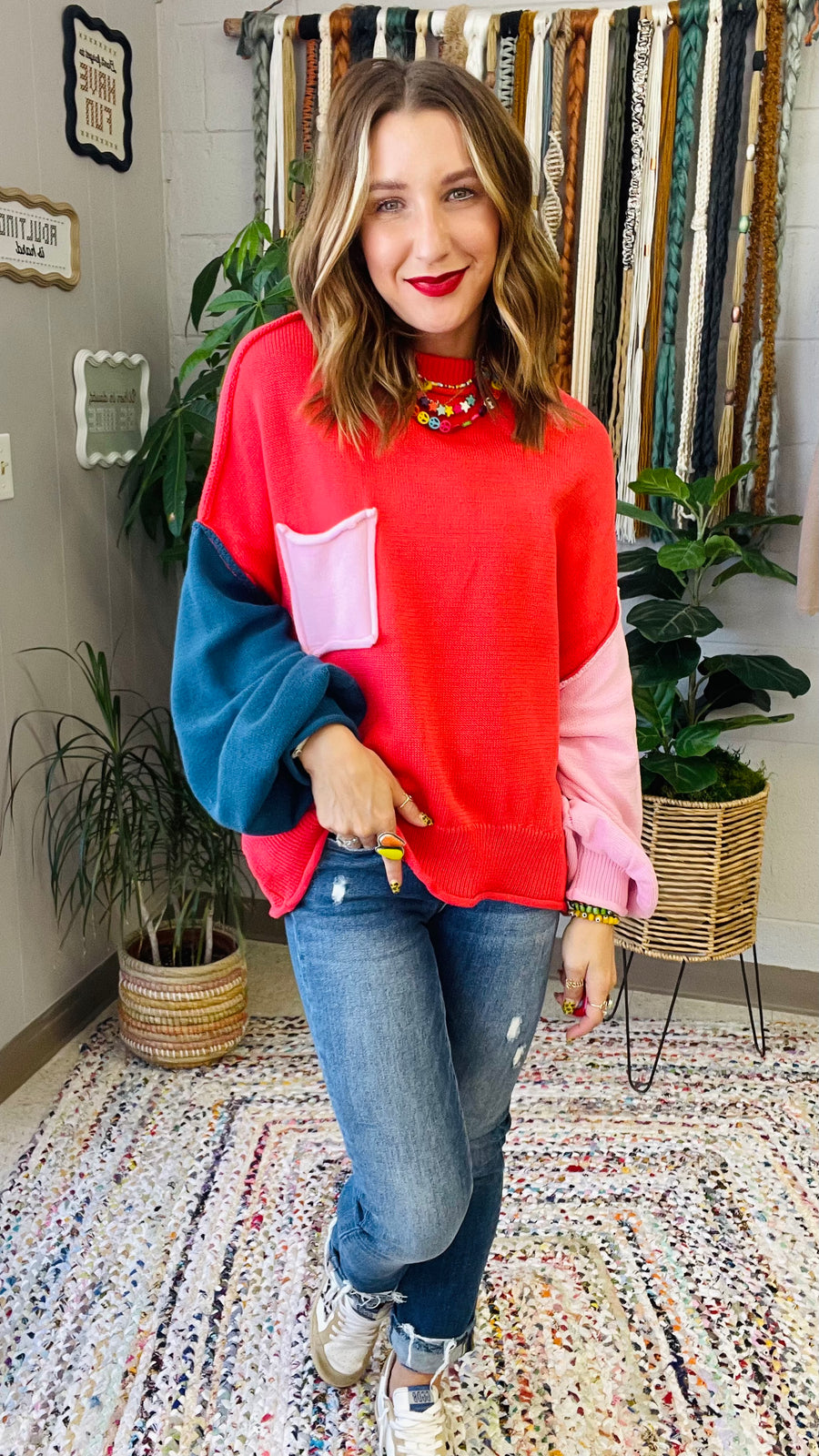 Harley Colorblock Knit Sweater- Coral Red Multi