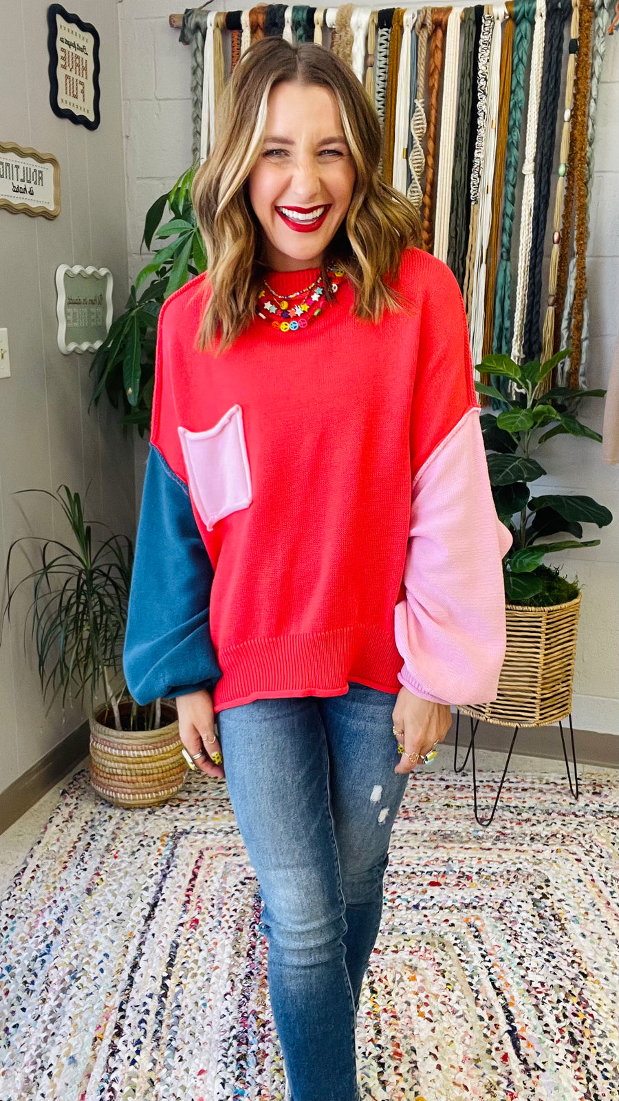 Harley Colorblock Knit Sweater- Coral Red Multi