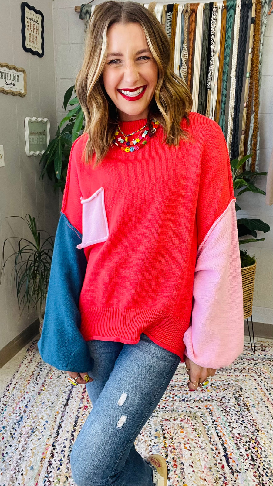 Harley Colorblock Knit Sweater- Coral Red Multi