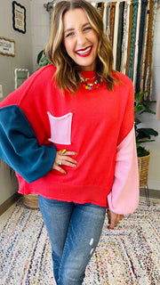 Harley Colorblock Knit Sweater- Coral Red Multi