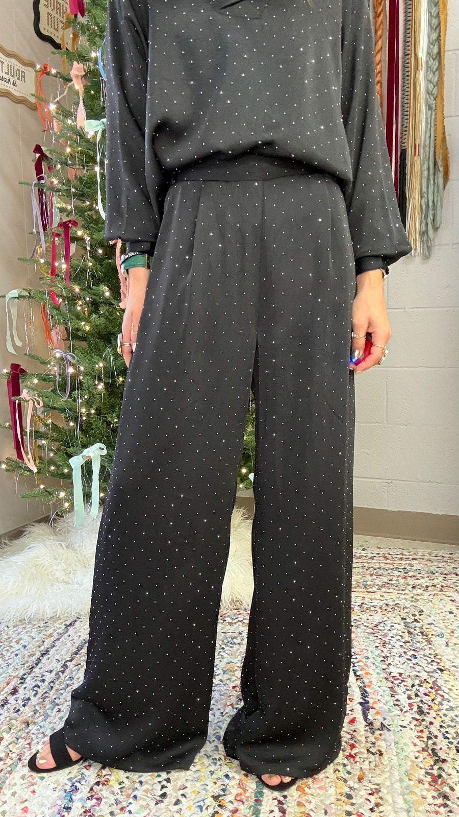 Starry Night Rhinestone Studded Wide Leg Pants