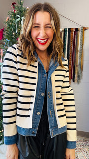 Denim and Striped Mixed Material Jacket