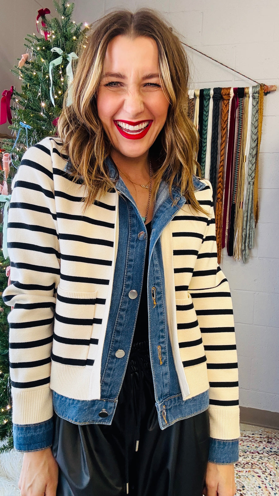 Denim and Striped Mixed Material Jacket