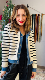 Denim and Striped Mixed Material Jacket