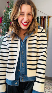 Denim and Striped Mixed Material Jacket