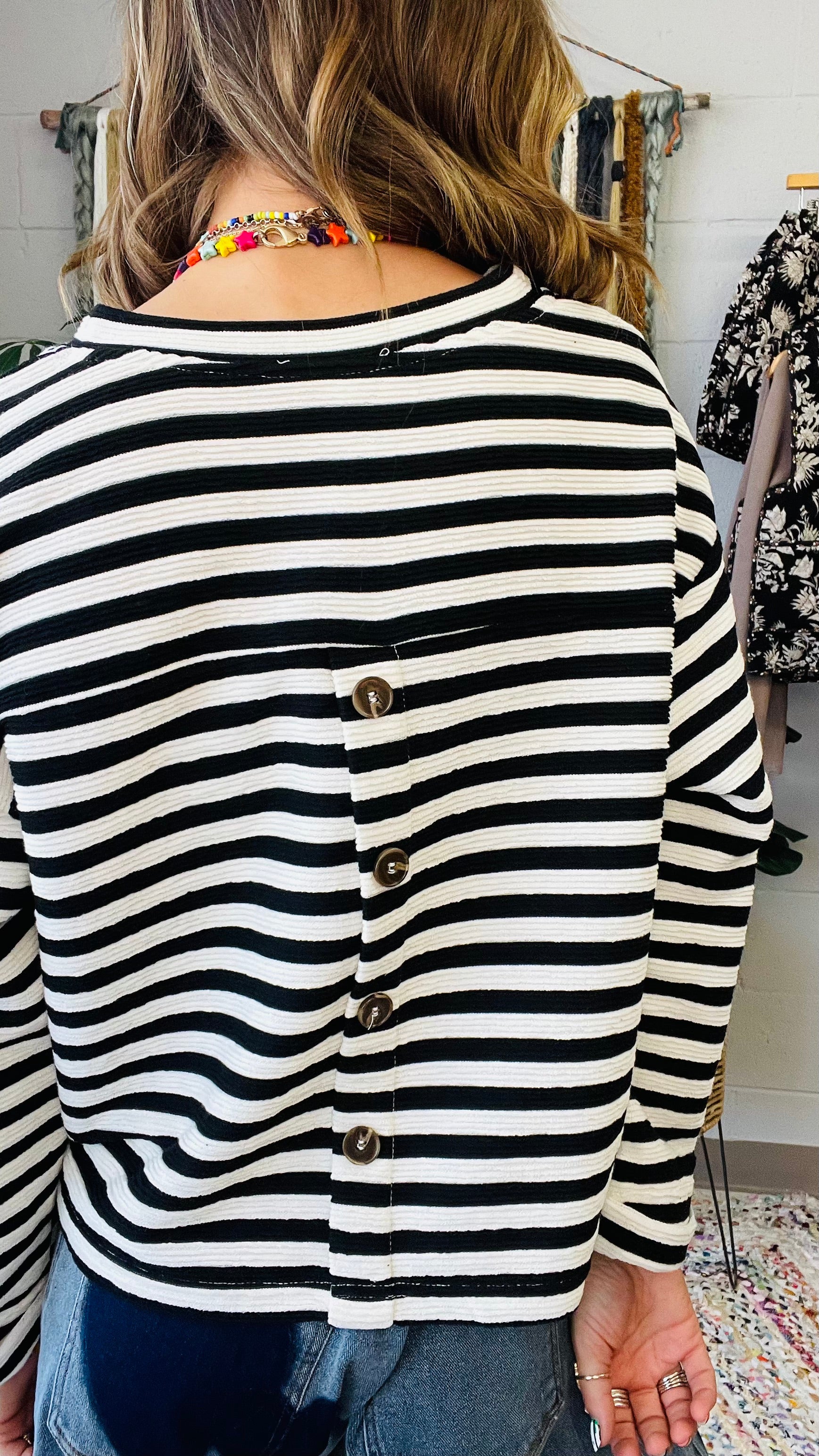 Caroline Black & White Striped Textured Top