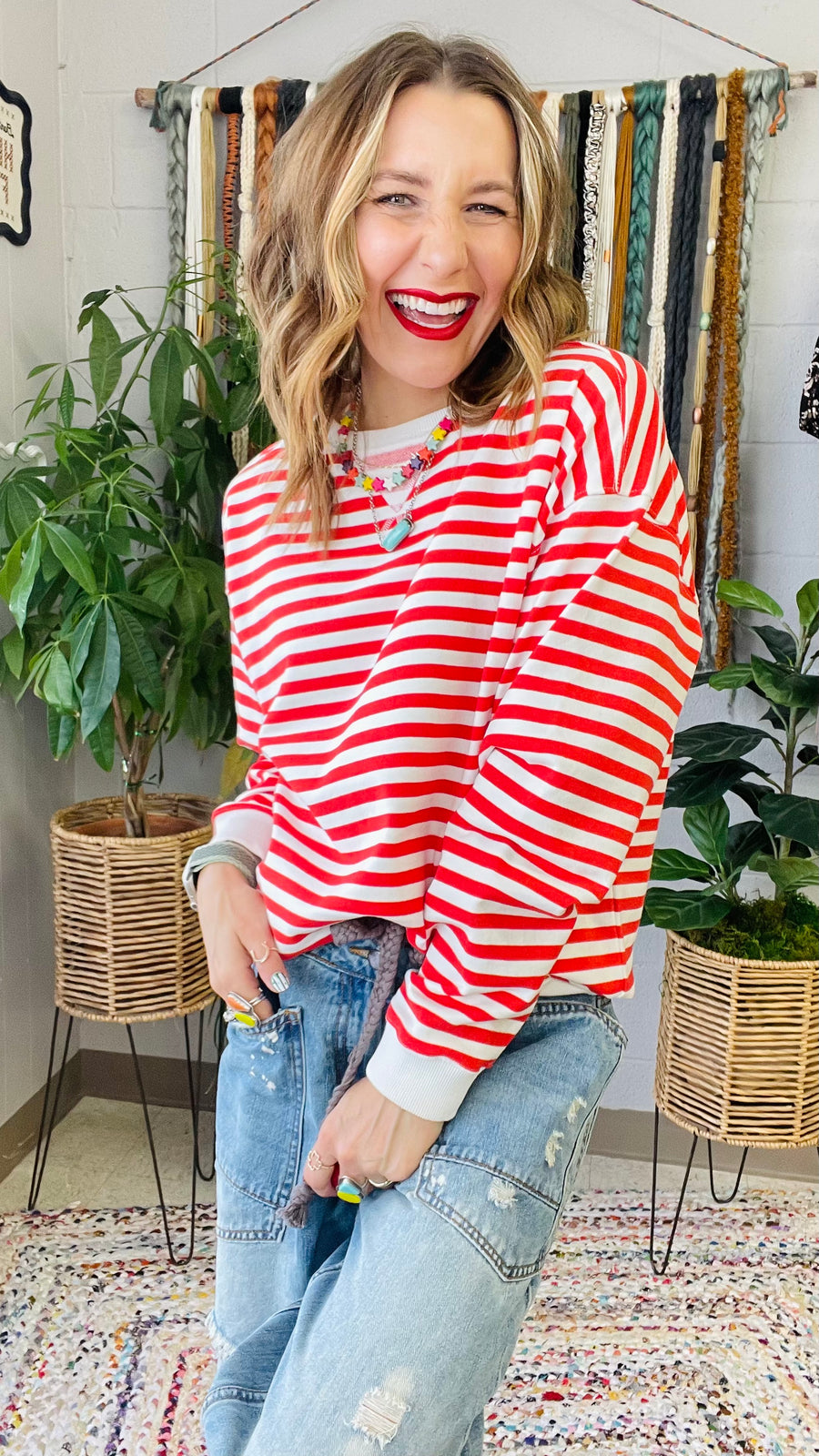 Ellie Red & Cream Striped Pullover