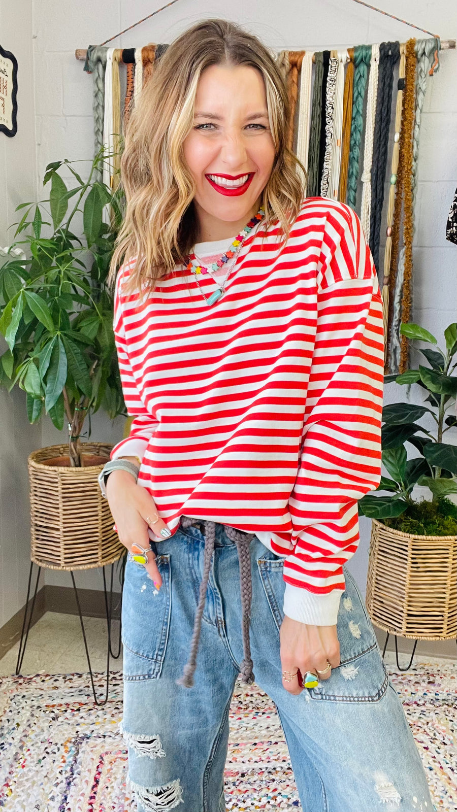 Ellie Red & Cream Striped Pullover